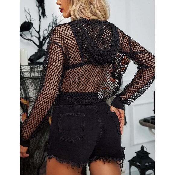 🆕Women’s Black Mesh Hoodie Crop Top Long Sleeve Fishnet Shirt Polyester - Picture 5 of 7